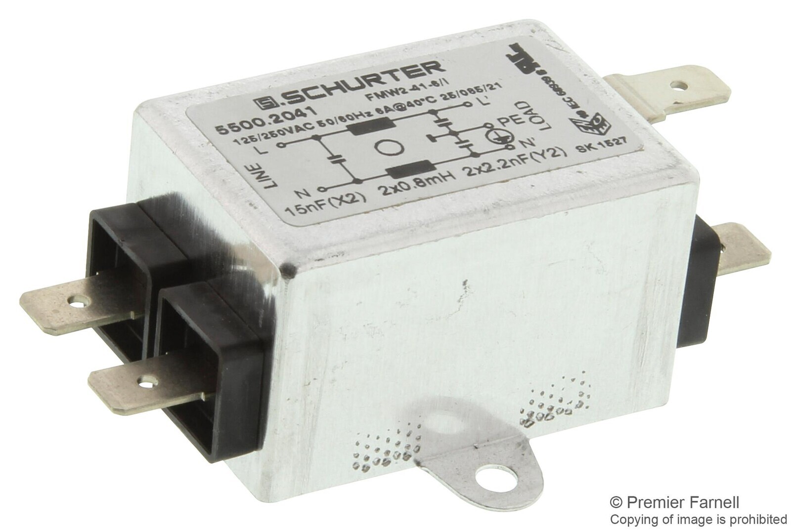 Schurter 5500.2041 Power Line Filter, 1-Ph, 6A, 250Vac, Qc