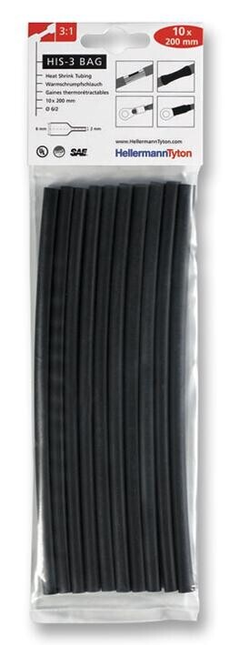 Hellermanntyton 308-30610 His-3-Bag-6/2-Po-X-Bk Heatshrink, 3:1, 6Mm, Blk, Pk10