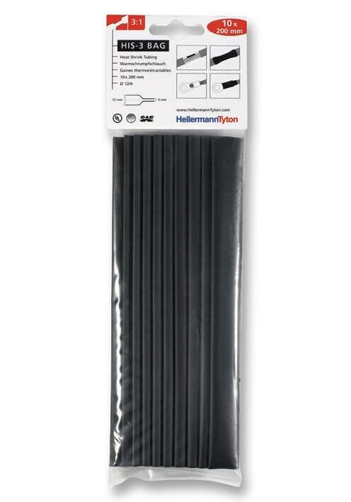 Hellermanntyton 308-31210 His-3-Bag-12/4-Po-X-Bk Heatshrink, 3:1, 12Mm, Blk, Pk10