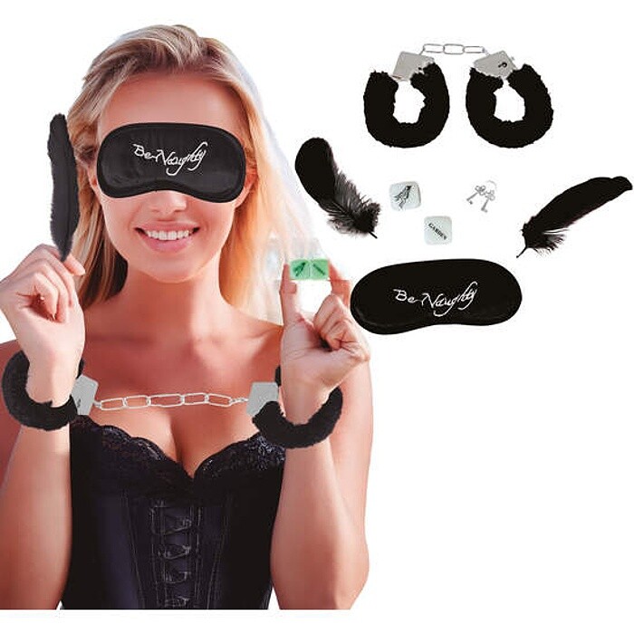 Set černý sexy (pouta, páska, kostky, pírka,..)