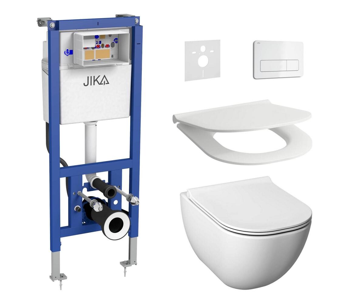JIKA Závěsné WC + prkénko MIO + tlačítko DUAL + podomítkový modul + podložka LF0182+LF0239+LF0170+GB0014