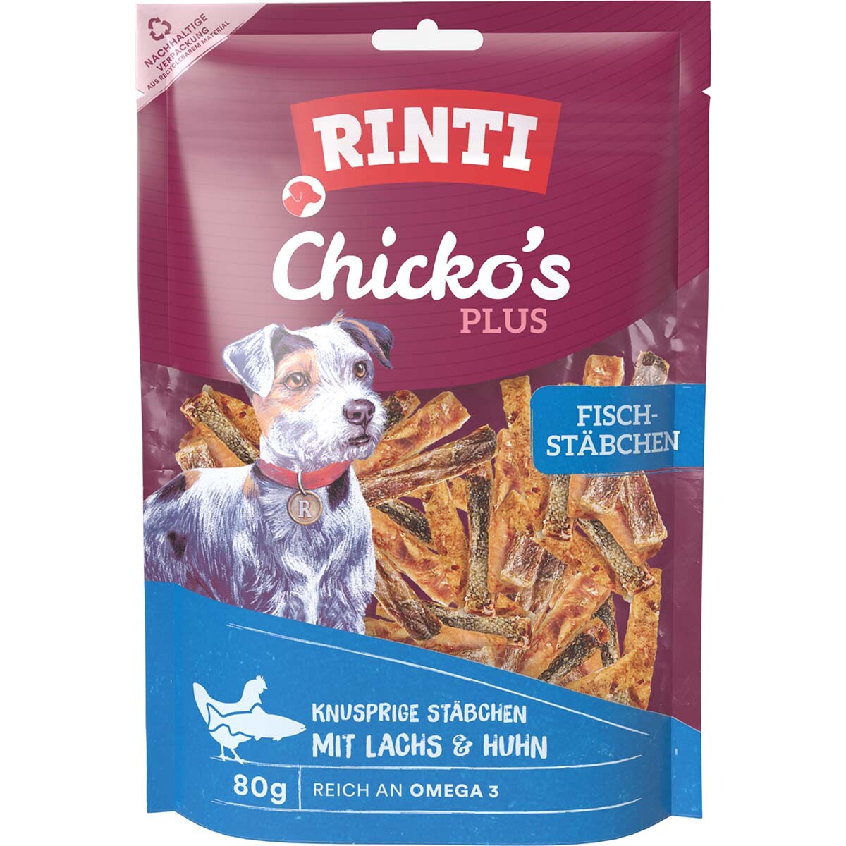 RINTI Extra Chicko Plus rybí tyčinky s lososem a kuřecím masem 6 × 80 g