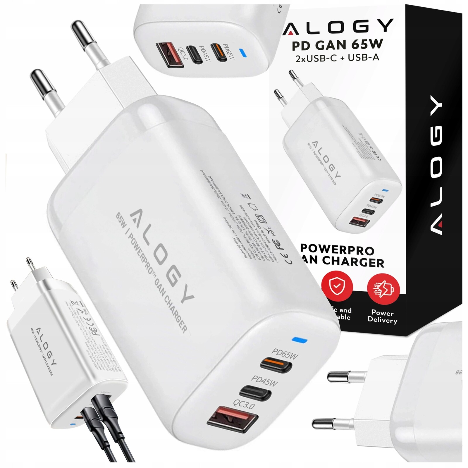 Síťová nabíječka 3v1 GaN3 65W, Rychlé nabíjení Pd a Qc, 2x Usb-c Usb-a