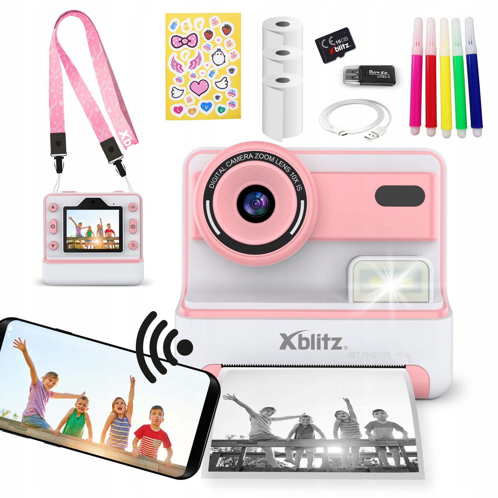 Xblitz Flash Pink Instantní Fotoaparát Termální Tiskárna 3 Role 16GB