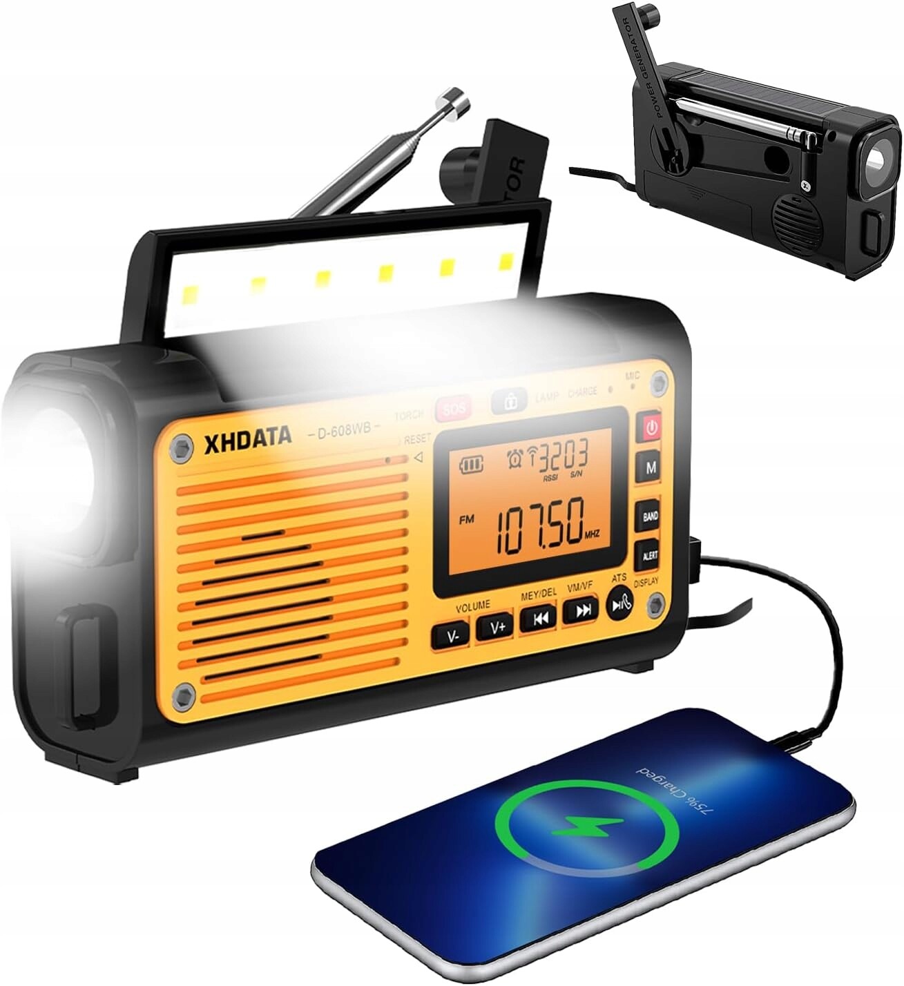 Xhdata D608WB Solární nouzové rádio Korba Usb Powerbanka Bluetooth svítilna