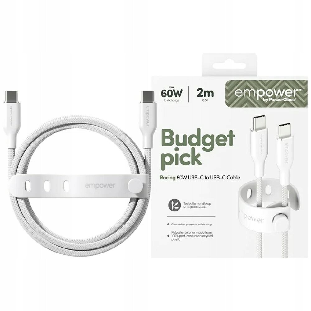 Kabel empower by PanzerGlass Racing 60W Usb-c na Usb-c 2 m stříbrno-bílý