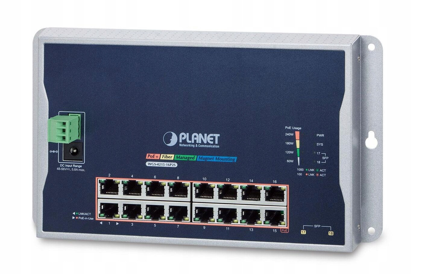 Planet IP40, IPv6/IPv4, 16portový 1000T, WGS-4215-16P2S