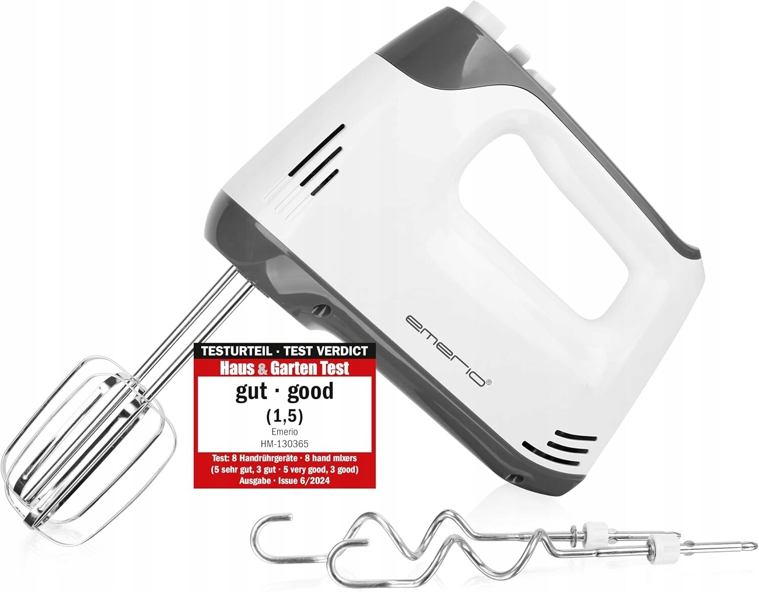 Emerio Ruční mixér 400W 5 turbo dlouhý Inox šlehací háky, bílý