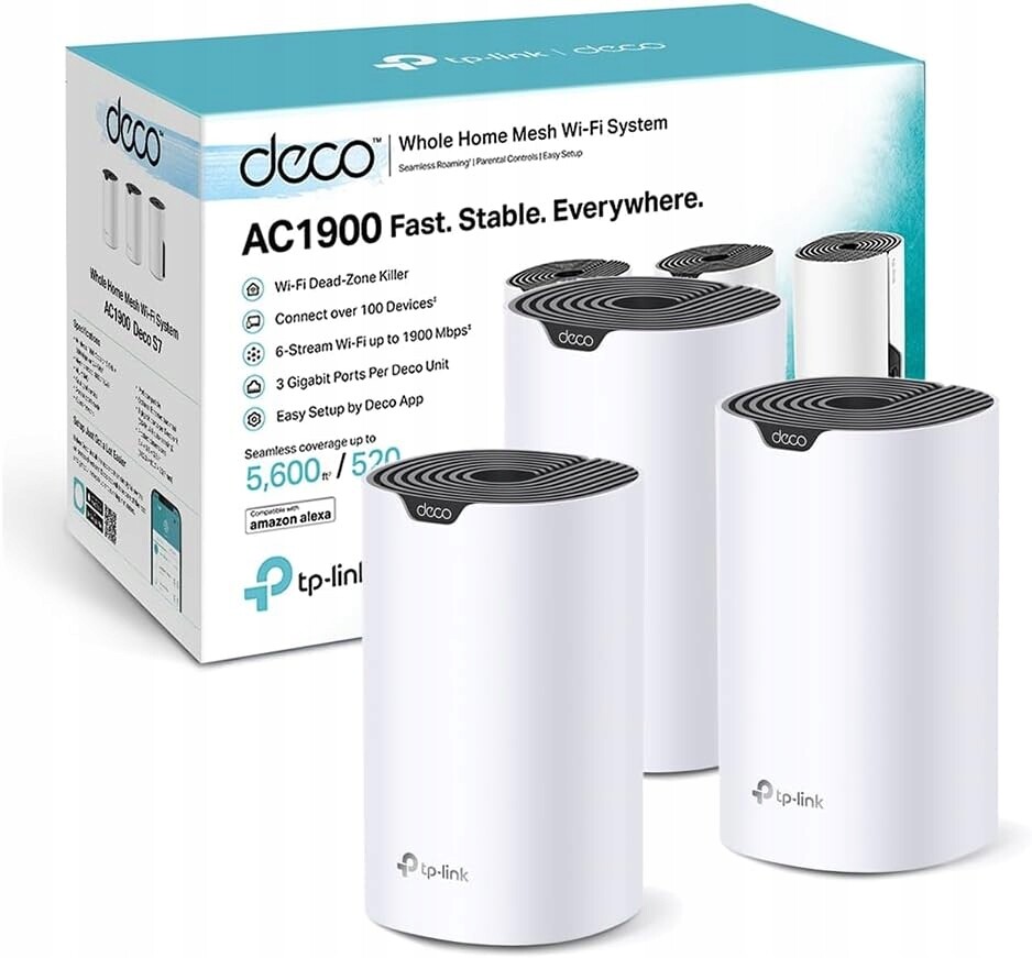 TP-Link Deco S1900, 3 kusy, AC1900, mesh WiFi router, 520 m², gigabitový