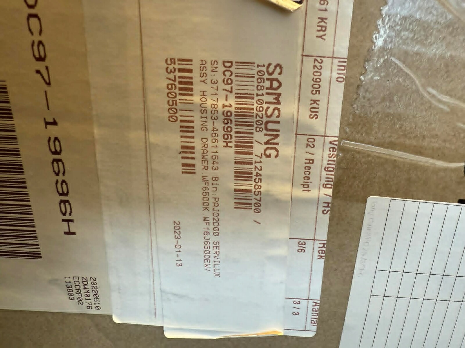 DC9719696H Sestava zásuvky skříně WF6500K WF16J6500EW Samsung