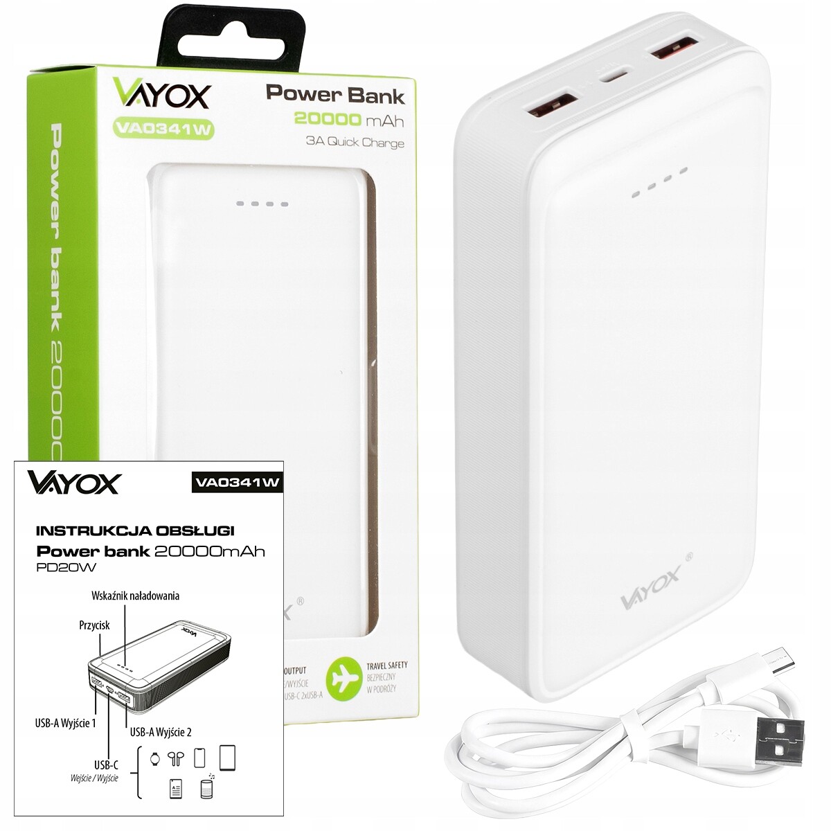 Powerbanka 20000 mAh 74 Wh 20W Usb C 2xUSB Rychlé Nabíjení Qc Pd Power Bank