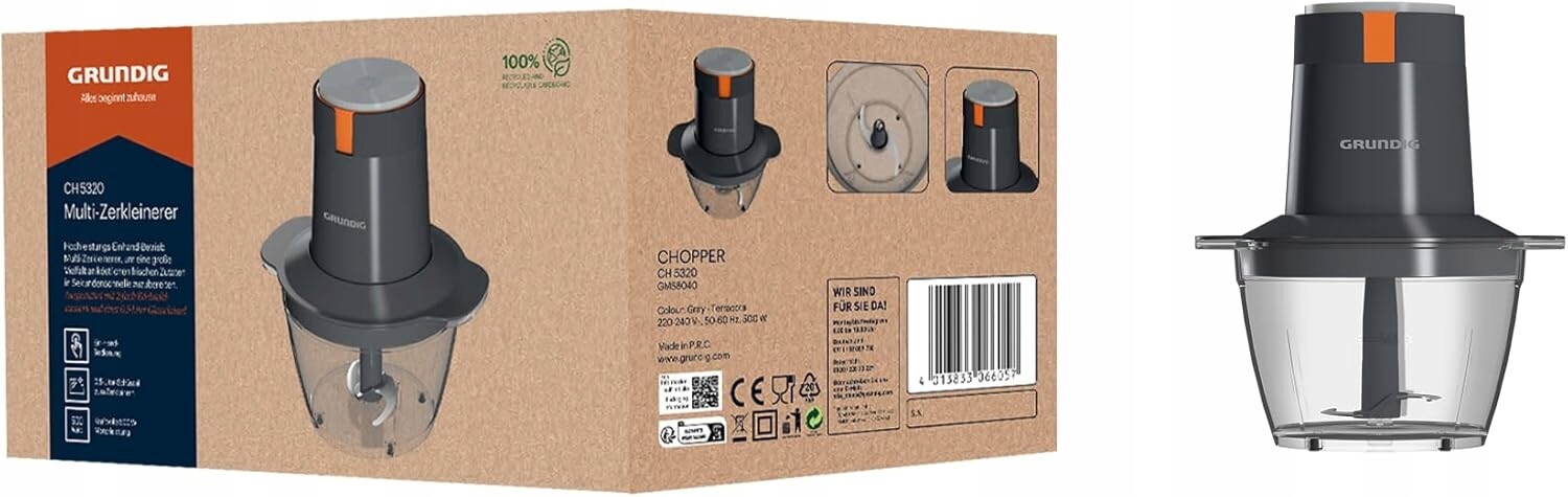 Grundig Ch 5320 sekáček potravin 500W 2 nože inox skleněný 05l 2 stupně šedý