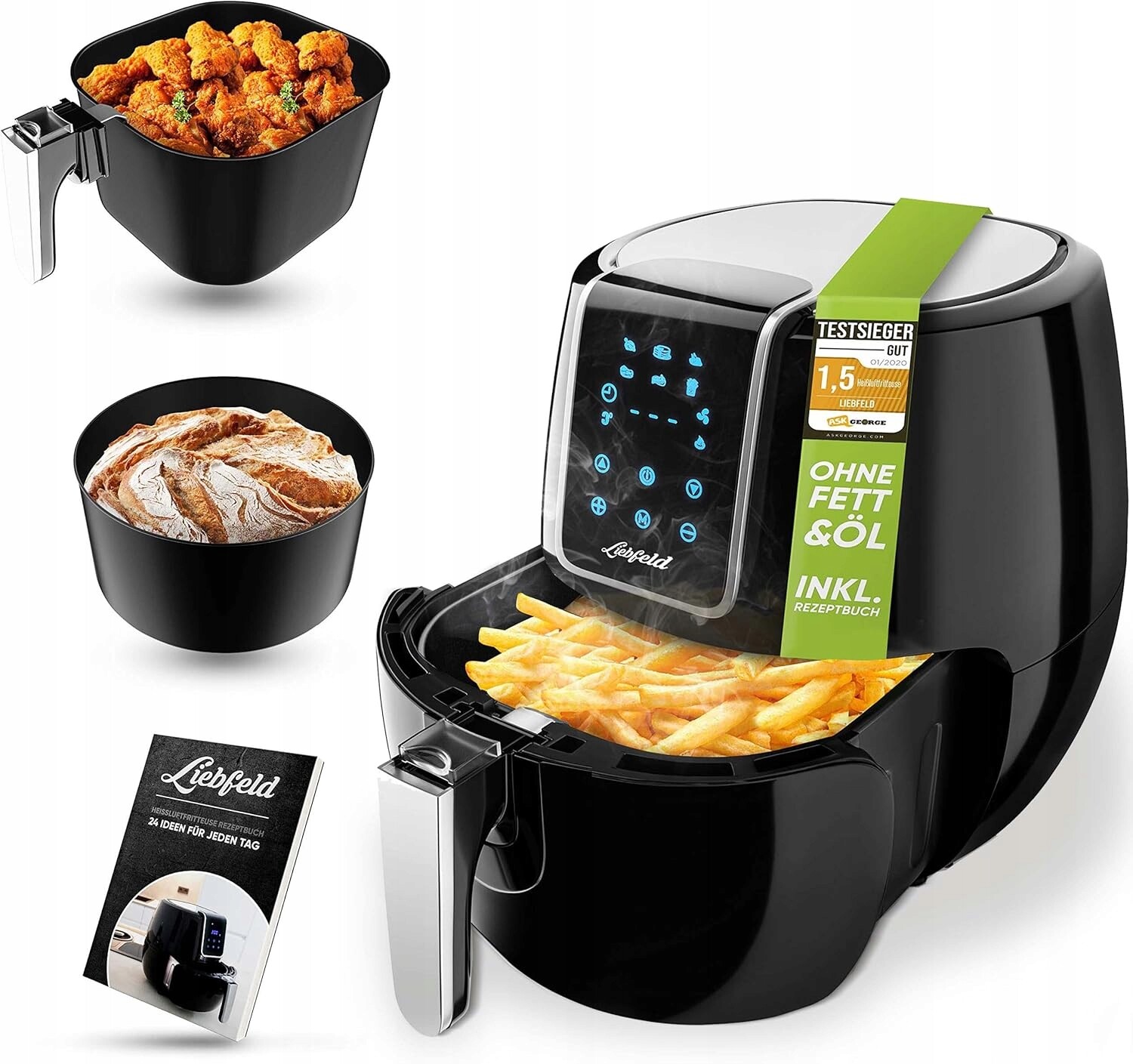 Liebfeld Airfryer XXL bez tuku a oleje 1800 W s košem na chléb