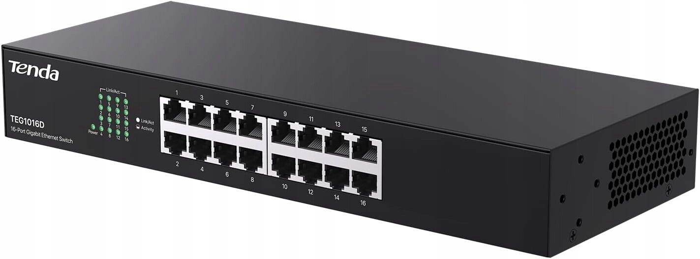 Tenda 16-portový gigabitový Switch Plug-and-Play Rackmount bez ventilátoru