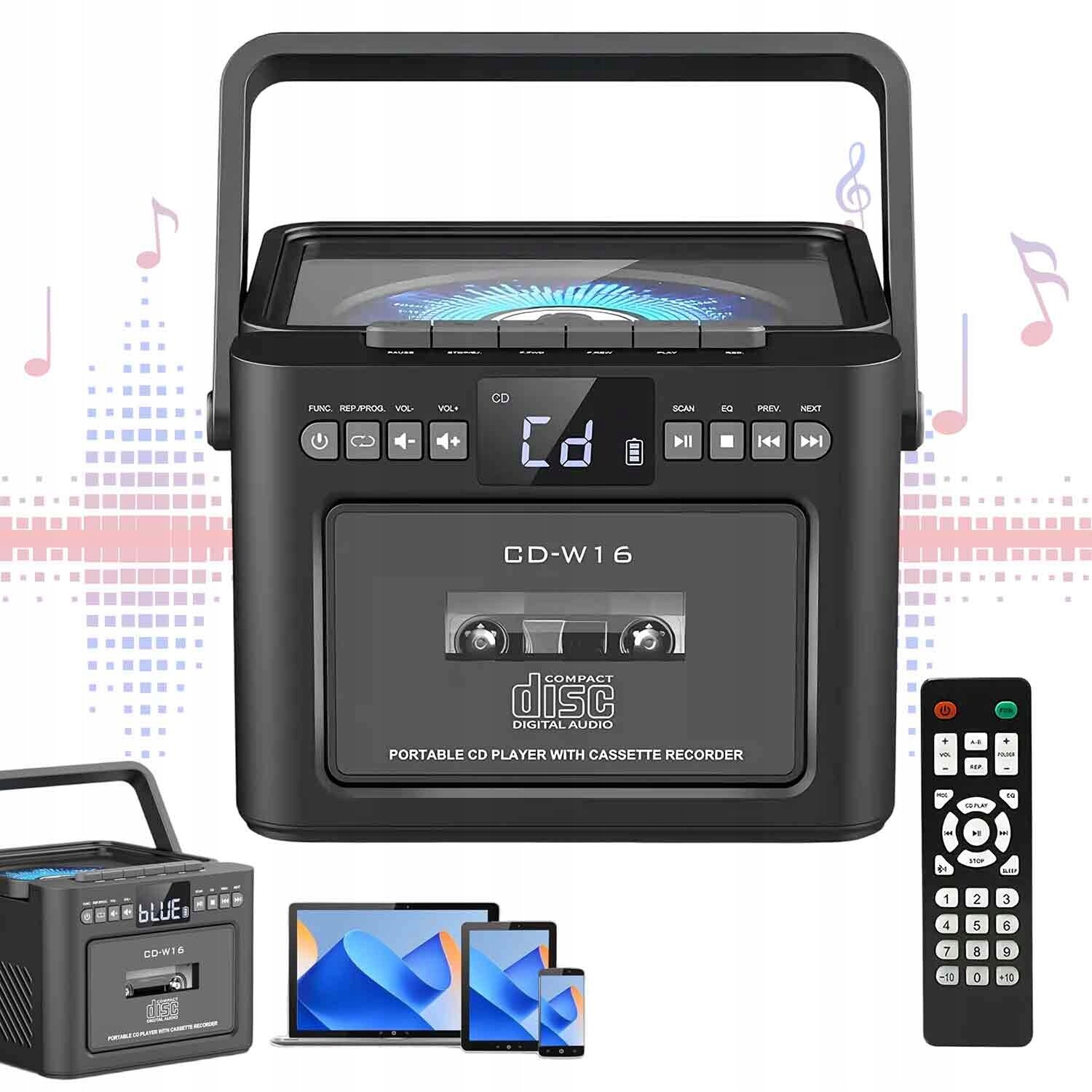 CD Přehrávač MP3 Kazetový Bluetooth Fm Usb Aux Radiopřehrávač Sd Černý