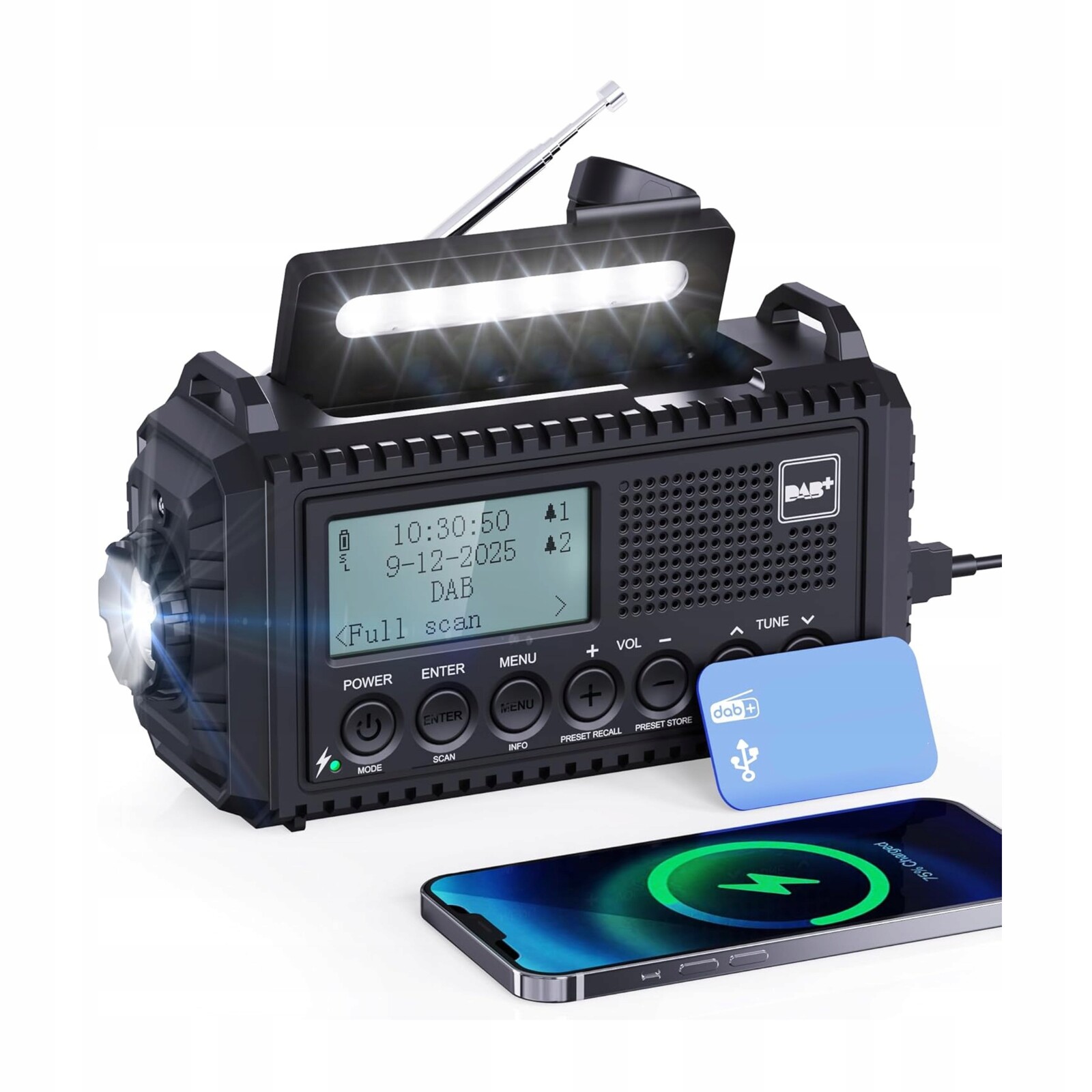 Solární rádio Korbové Dab+/dab/fm Svítilna Powerbanka Usb Kempingová