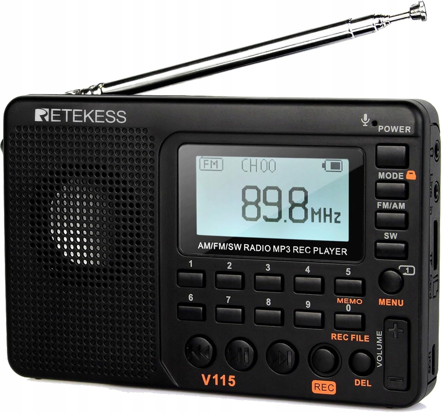 Retekess V115 Přenosné rádio Fm Am Sw MP3 rekordér Bass černý