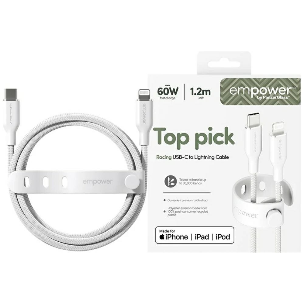 Kabel empower od PanzerGlass Racing 60W Usb-c do Lightning 1.2 m stříbrno-bílý