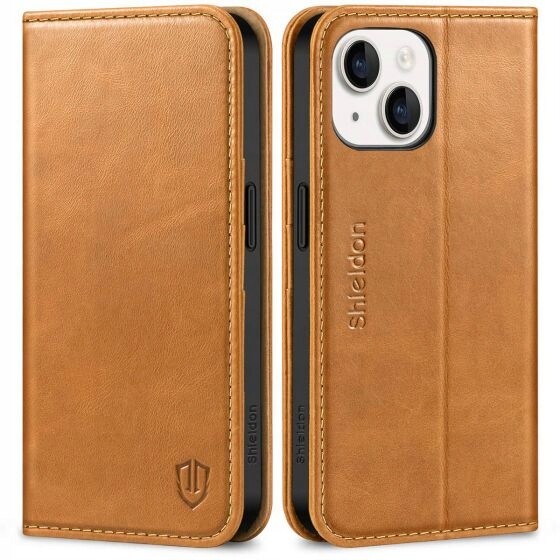 Shieldon přírodní pouzdro pro iPhone 14/13 stojan peněženka světle hnědá