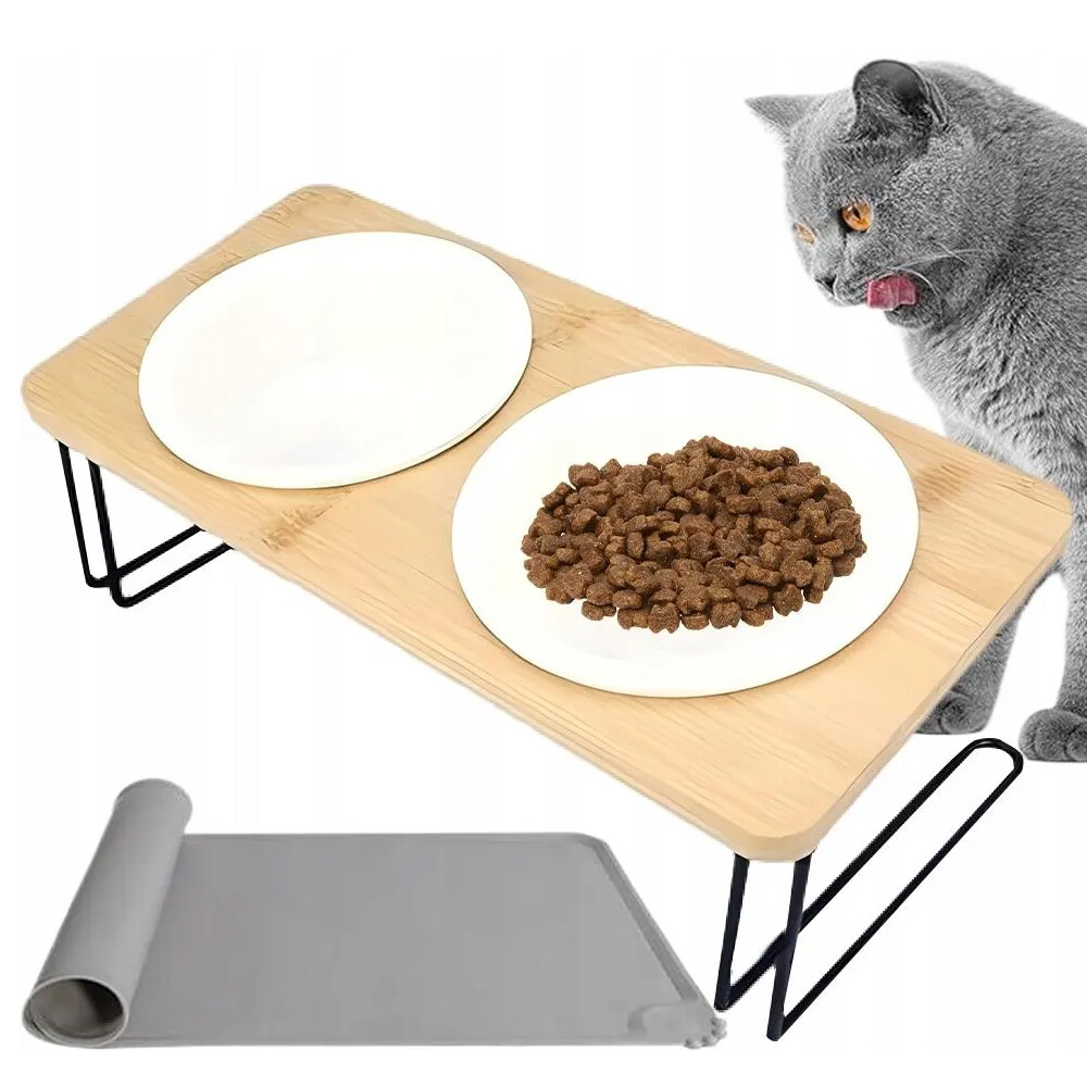 Keramická Miska Dva Pro Psa A Kočku 2 Misky Dřevěná Základna 2x300 ml