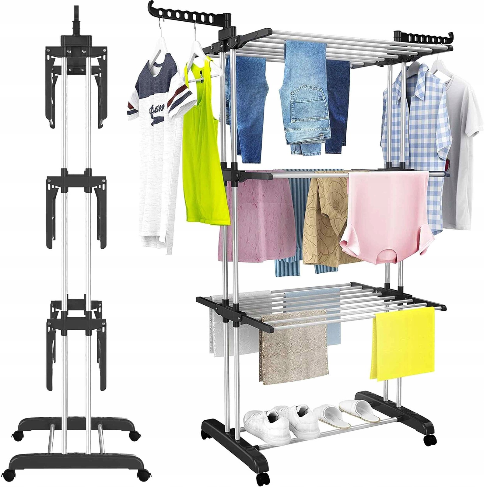 Sušák na Praní Oblečení Vertikální Stojící Kolečka Velká Balkonová Černá XXL