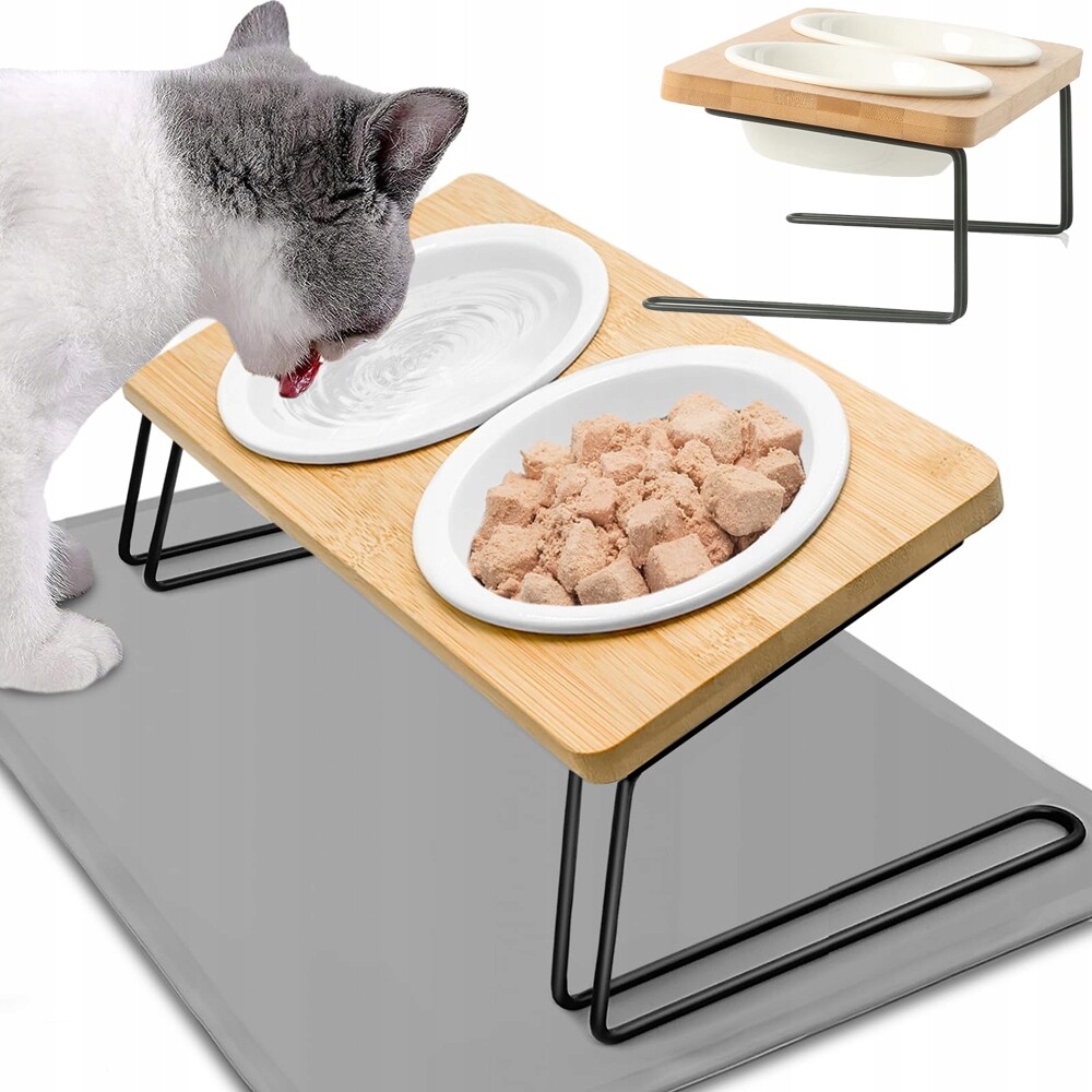 Vyvýšená Miska Pro Kočky, Dřevěná, Sada 2 Ks Misky Z Keramiky