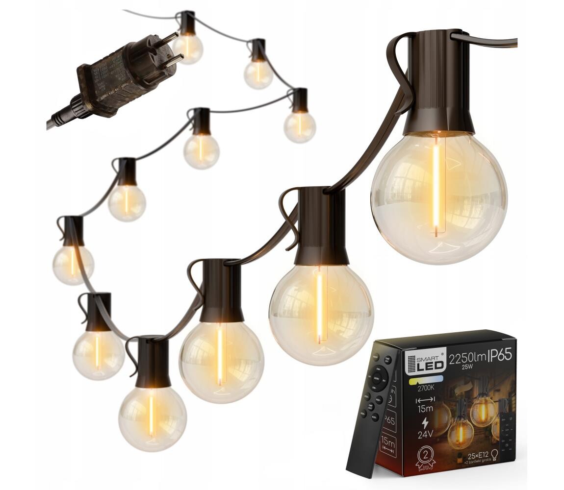 SmartLED LED Stmívatelný venkovní řetěz 25xE12/1W/24/230V 17,5 m IP65 černá + DO 4453