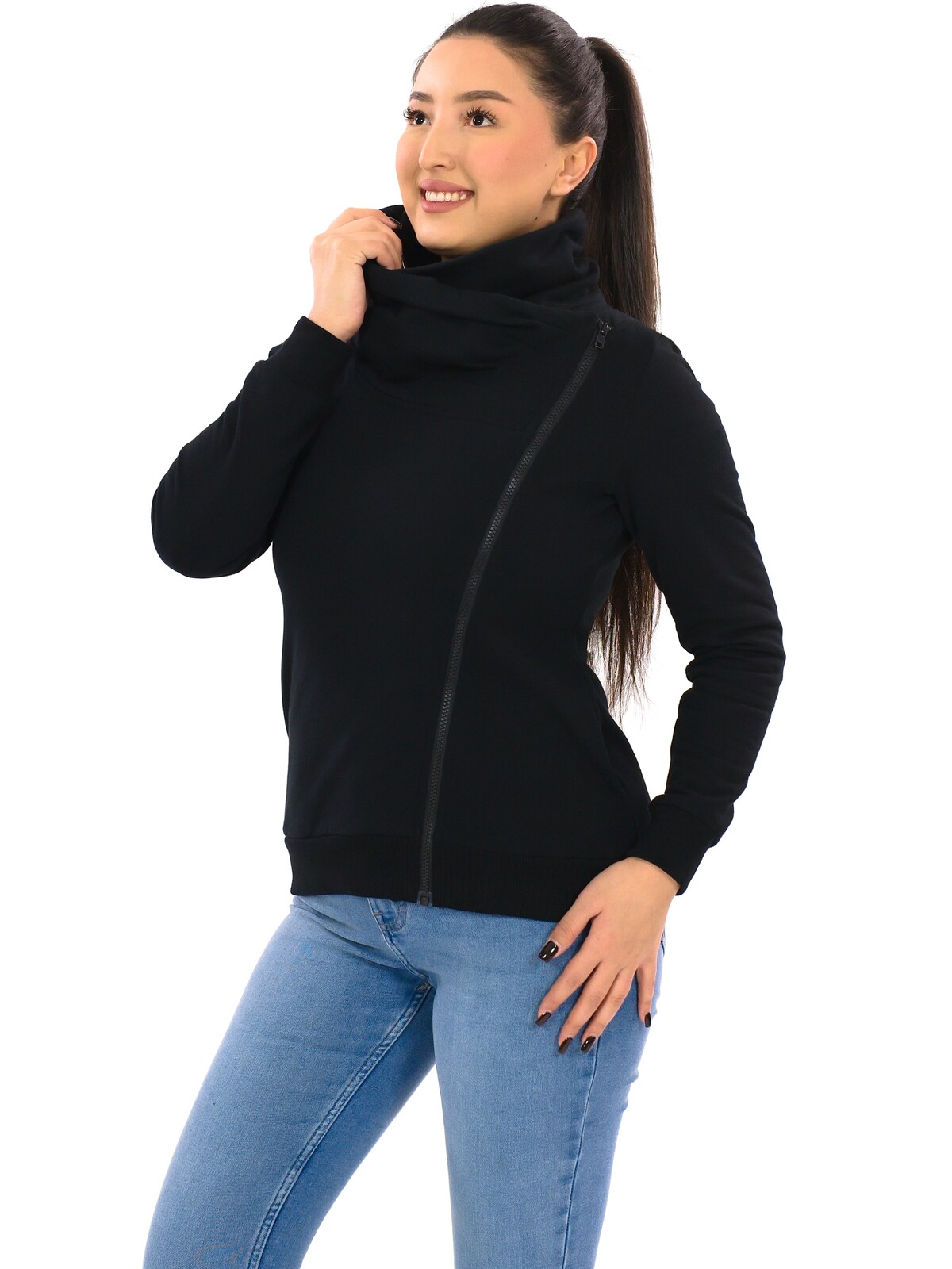 Himalife Hřejivá mikina na zip s maxi límcem Plain Sari - černá Velikost: S