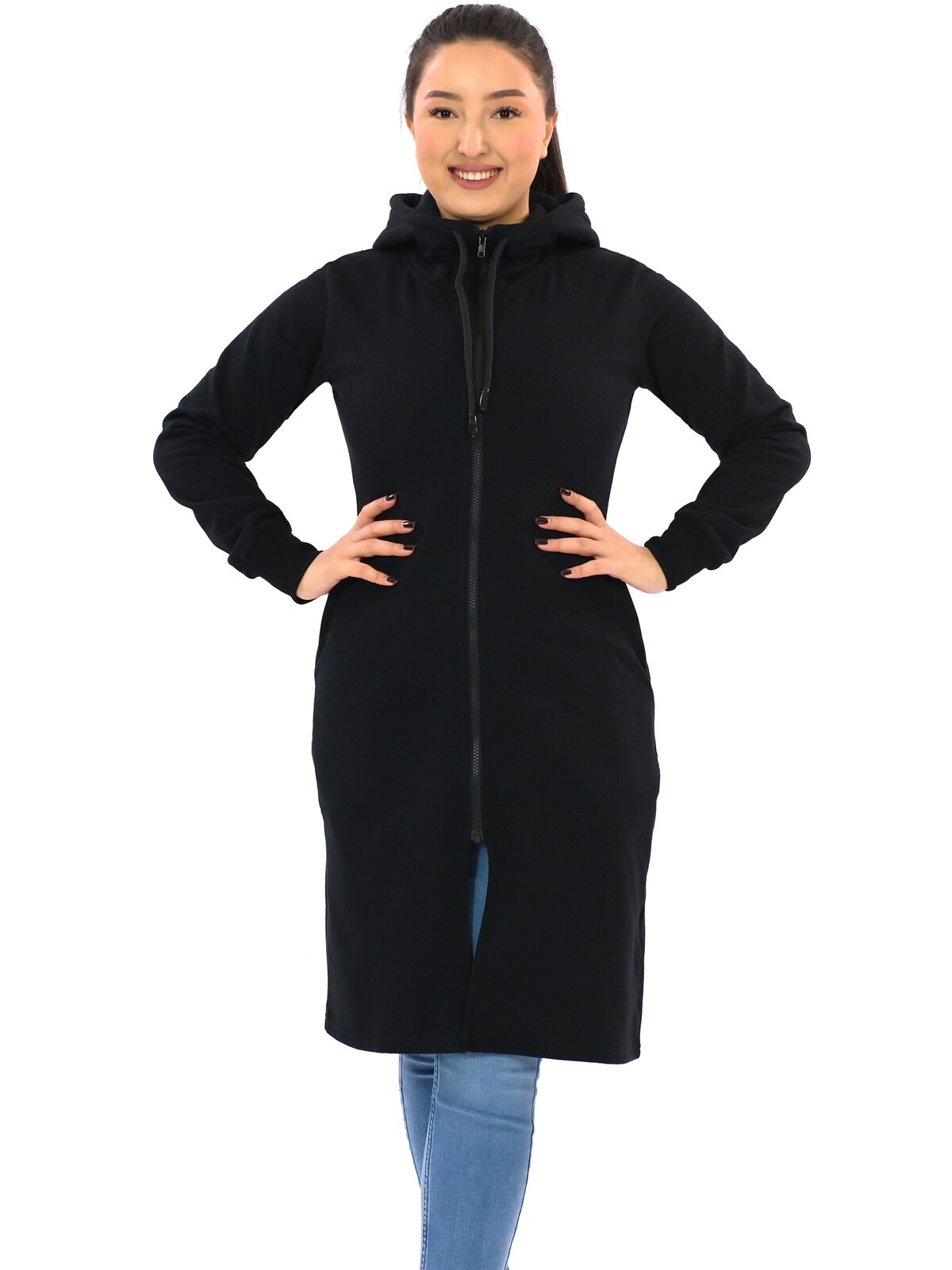 Himalife Prodloužená mikina na zip s kapucí Plain Isa - černá Velikost: S