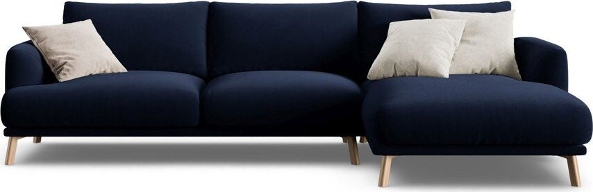 Tmavě modrá sametová rohová pohovka (pravý roh/s lenoškou) Naomi – Micadoni