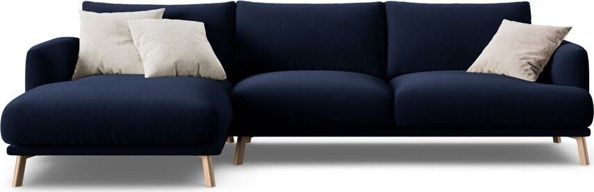 Tmavě modrá sametová rohová pohovka (levý roh/s lenoškou) Naomi – Micadoni