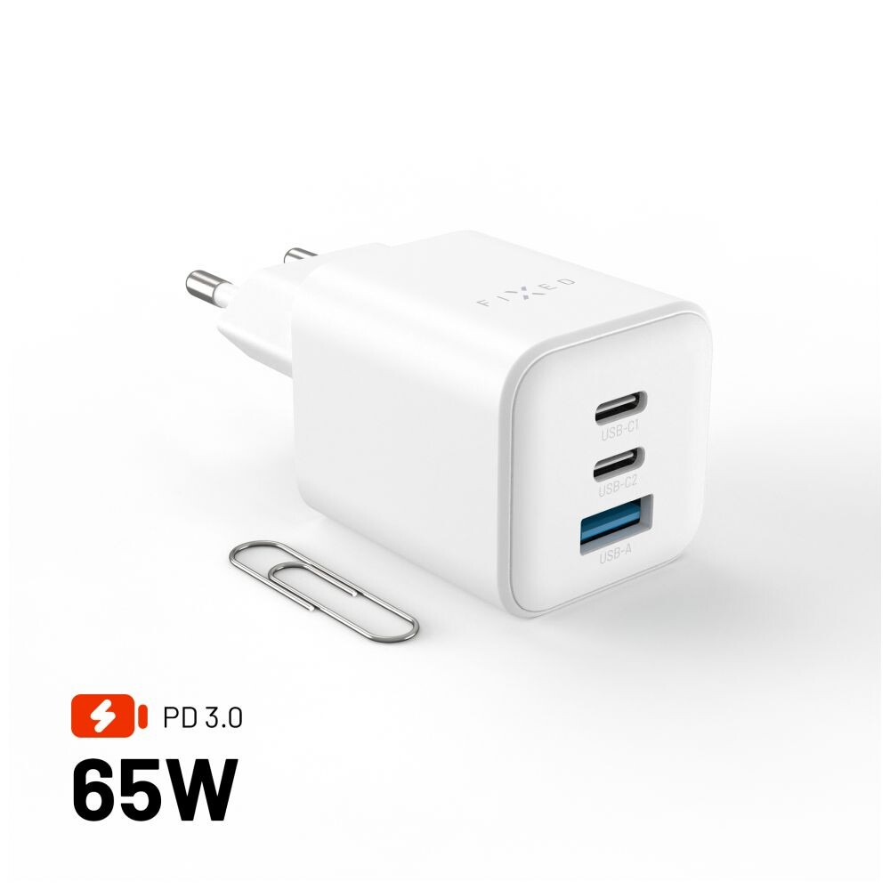 Síťová GaN nabíječka FIXED Mini s 2xUSB-C a USB výstupem, podpora PD, 65W, bílá