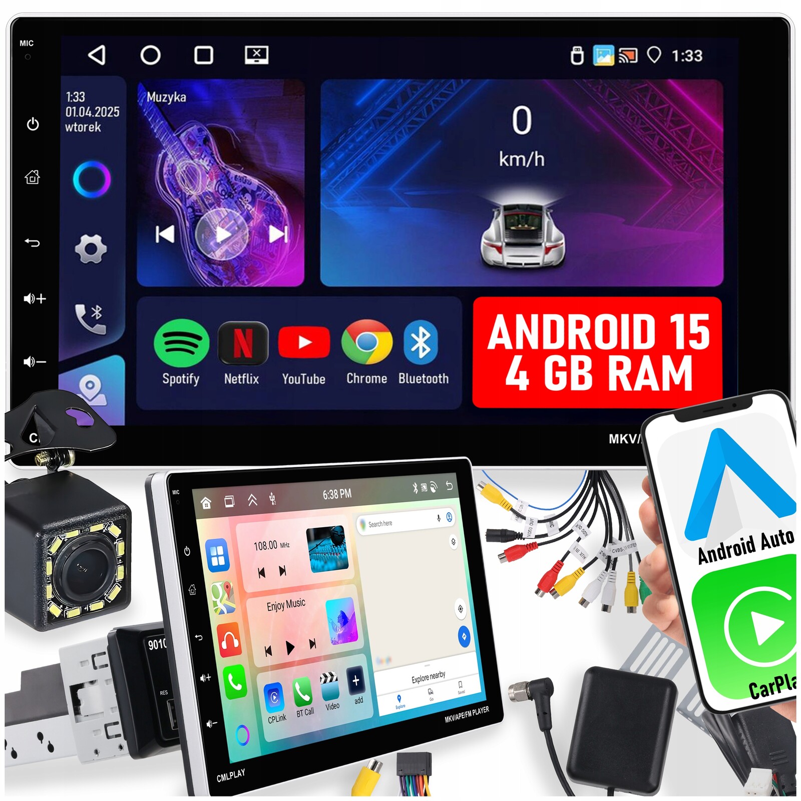 Autorádio 1 Din Carplay Android 15 Wifi Gps Dotykové 4GB Ram 9''