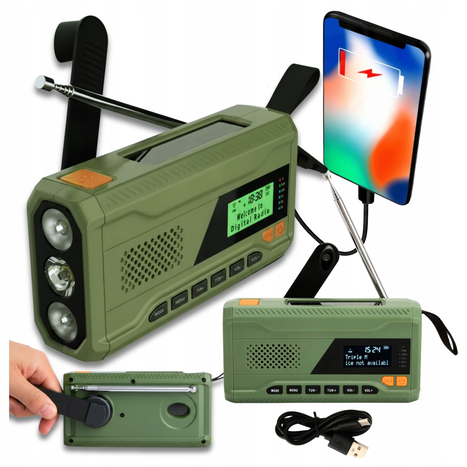 Přenosné Rádio Solární Alarmové Rádio Klika Dynamo Svítilna Powerbank Omáčka