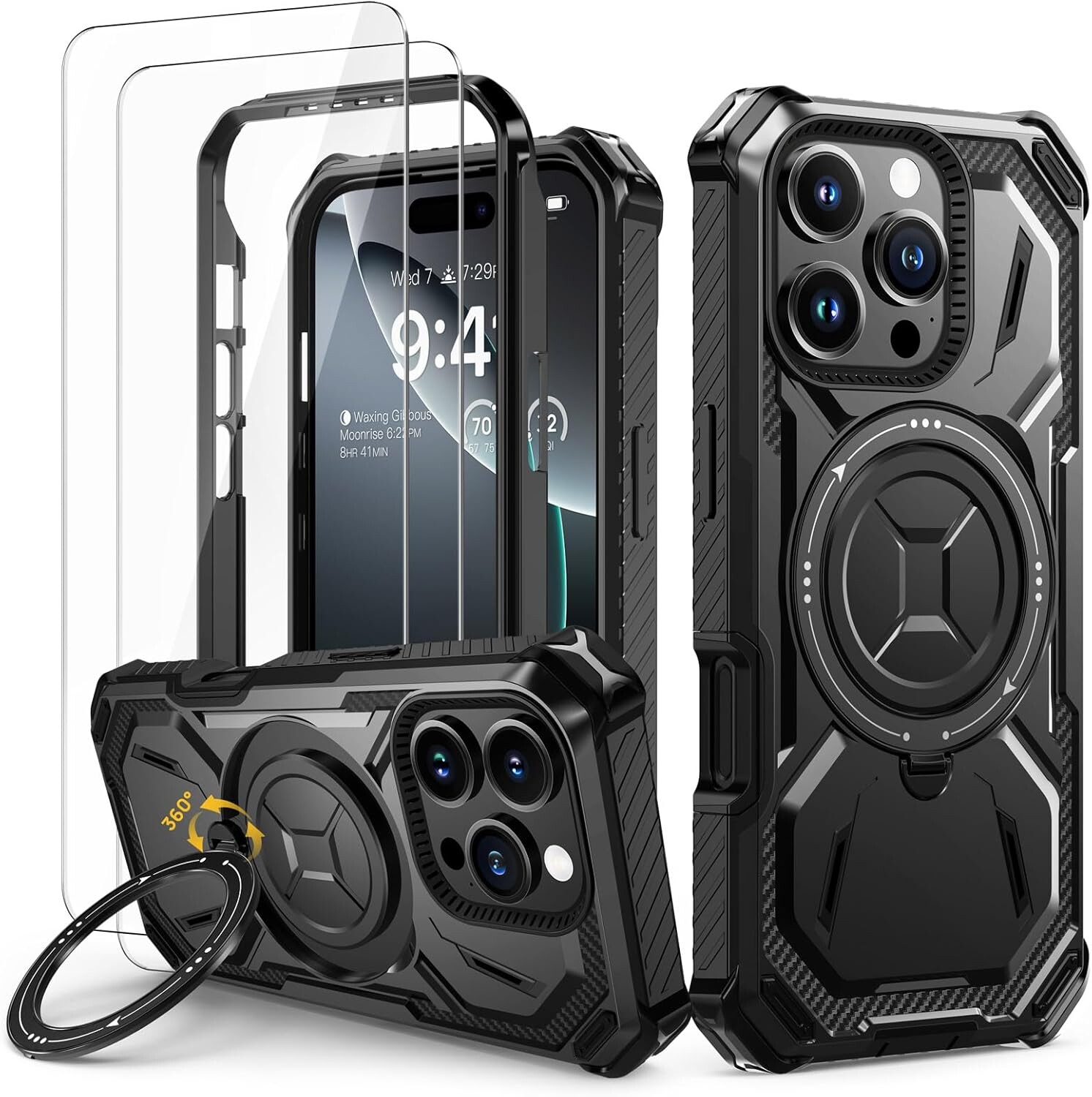 Lanhiem pancéřové pouzdro 360 pro iPhone 16 Pro 2x sklo stojan ring černé