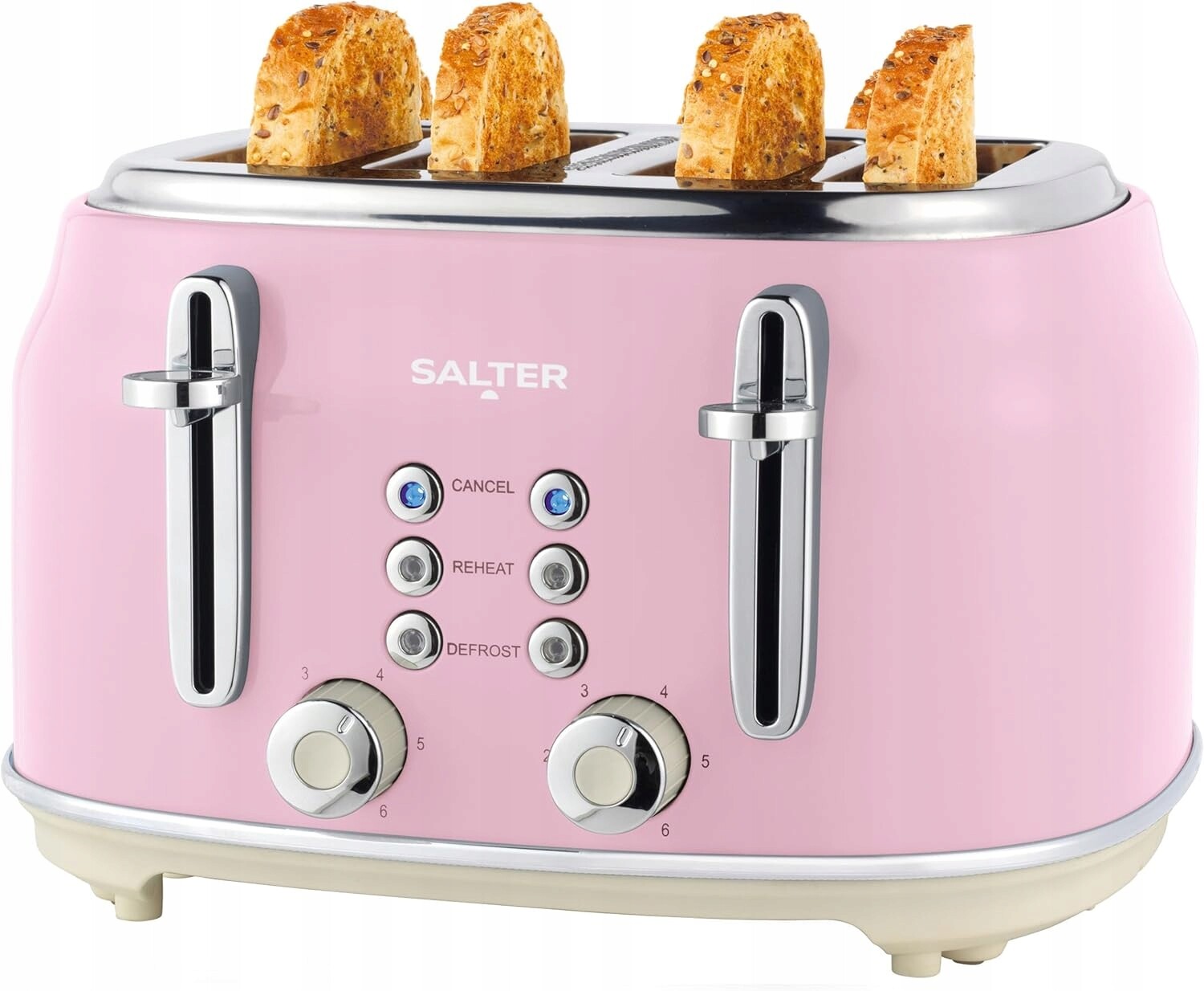 Salter Toustovač 4 plátky Široké 6 úrovní Rozmrazování 1630W Růžový Retro