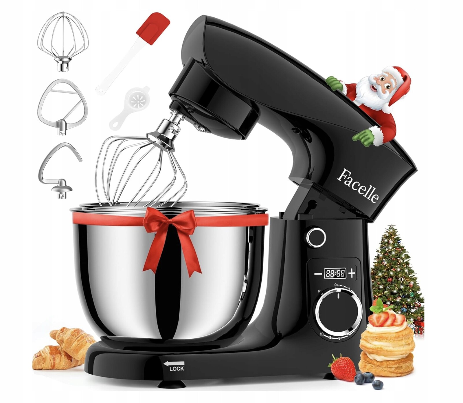 Kuchyňský robot Facelle 1500 W 2 mísy 10 rychlostních stupňů, mixér s hákem a časovačem