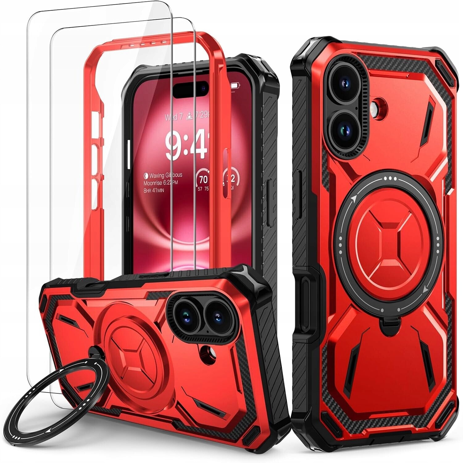 Lanhiem pancéřové pouzdro 360 pro iPhone 16 2x sklo stojan ring červené