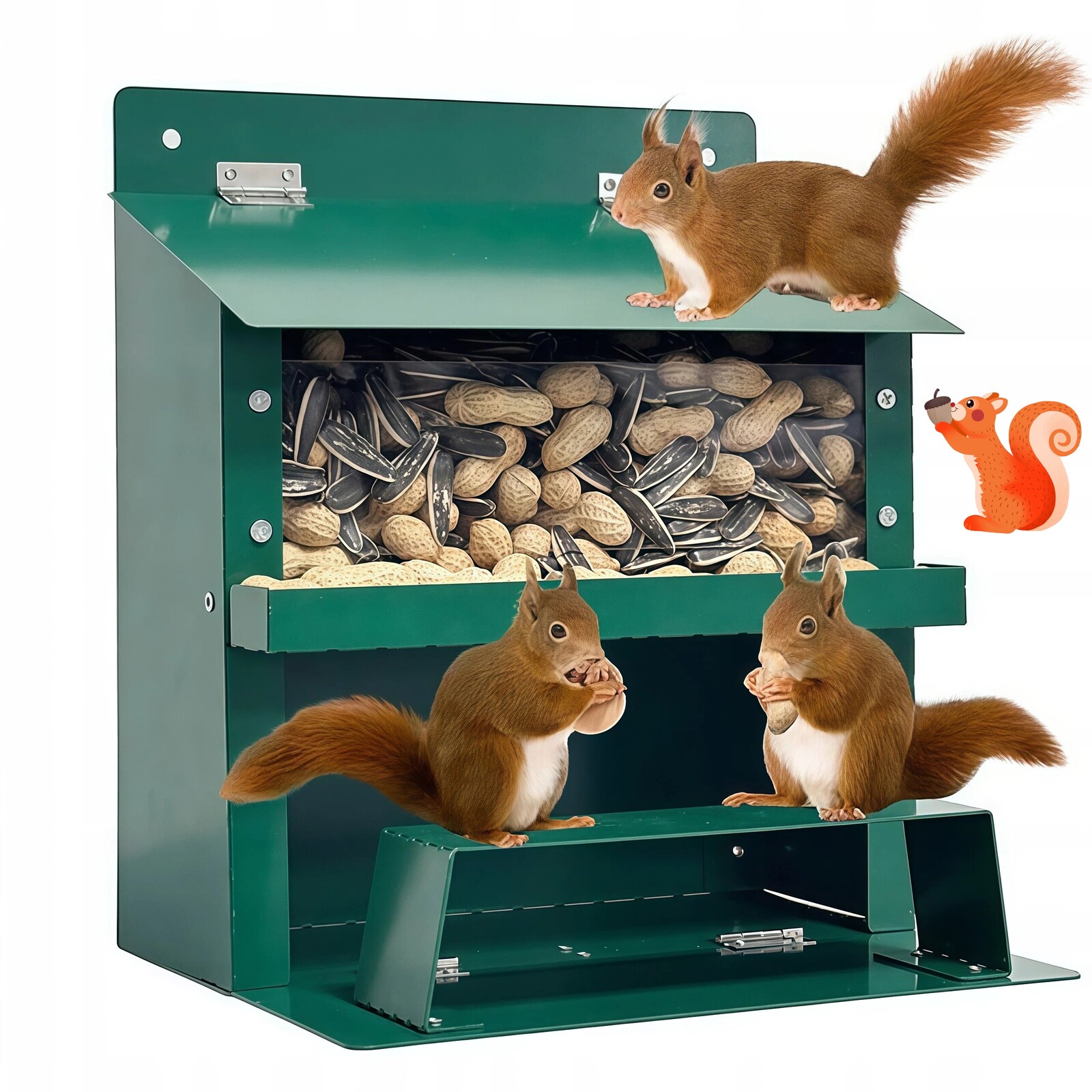 Kovový podavač pro veverky zelený 22.5x18.5x23 cm s klopou do zahrady