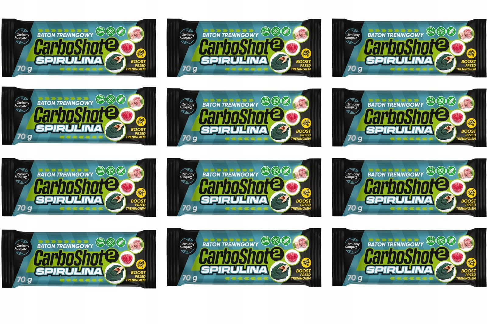 Sada energetických tyčinek 12xCarboShot 2 Spirulina 70g sportovní trénink