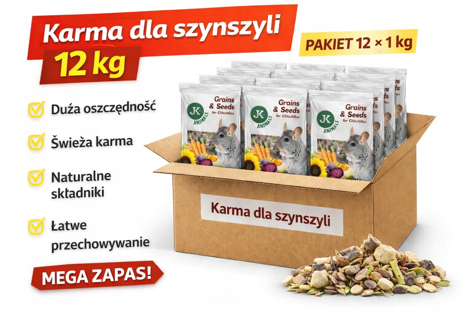 Krmivo pro činčily – balíček 12 × 1 kg