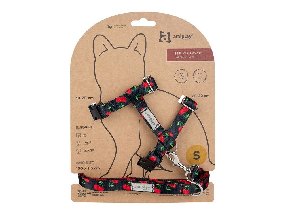 Amiplay Kšíry pro kočku s vodítkem BeHappyCat Cherry | Postroje pro kočky