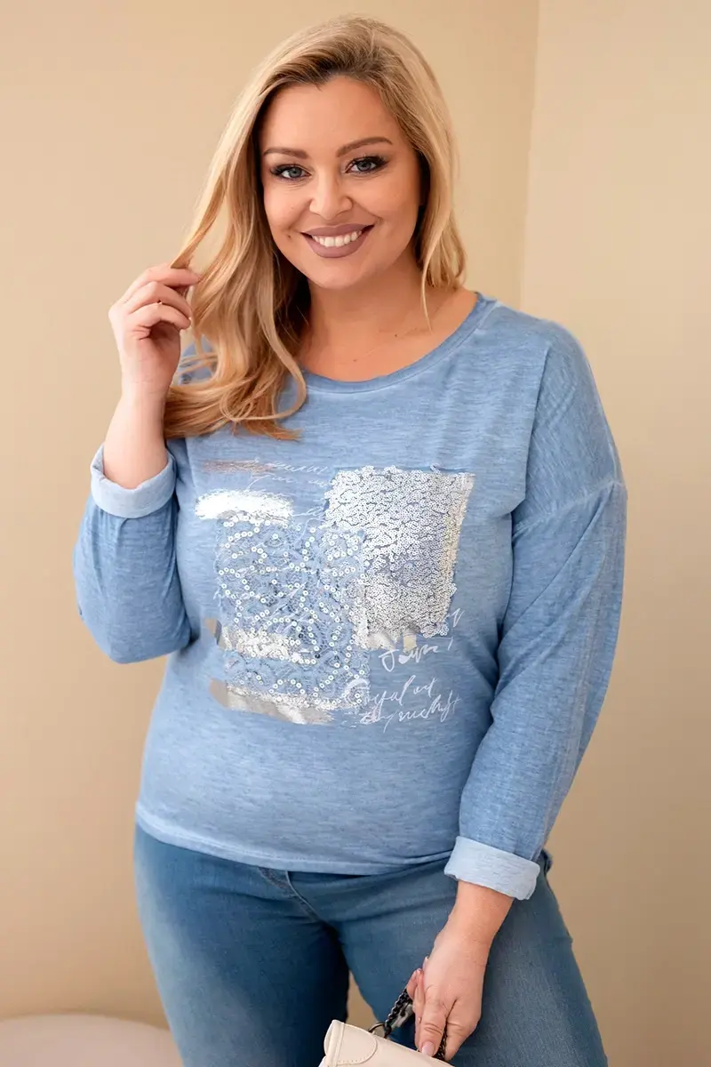 Kesi Włoski Dámská blůza Plus Size se potiskem a delší zadní částí džínová