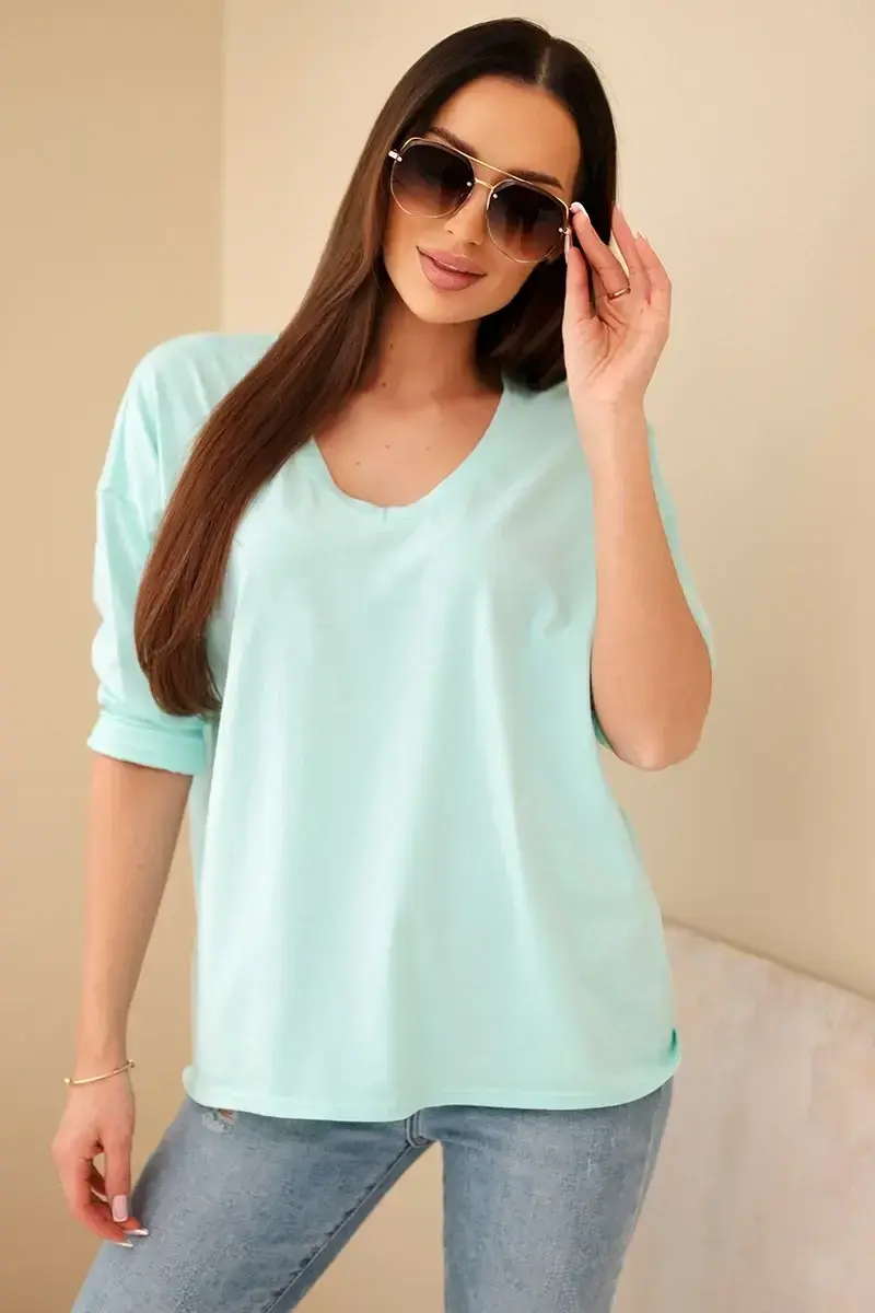 Kesi Włoski Dámská bavlněná blůza s výstřihem do V a dlouhým rukávem mátová