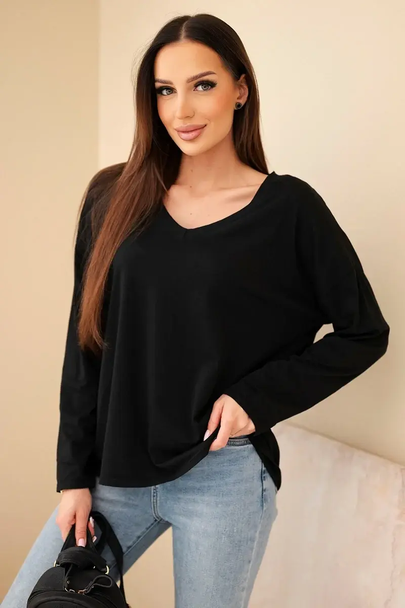 Kesi Włoski Dámská bavlněná blůza s výstřihem do V a dlouhým rukávem černá