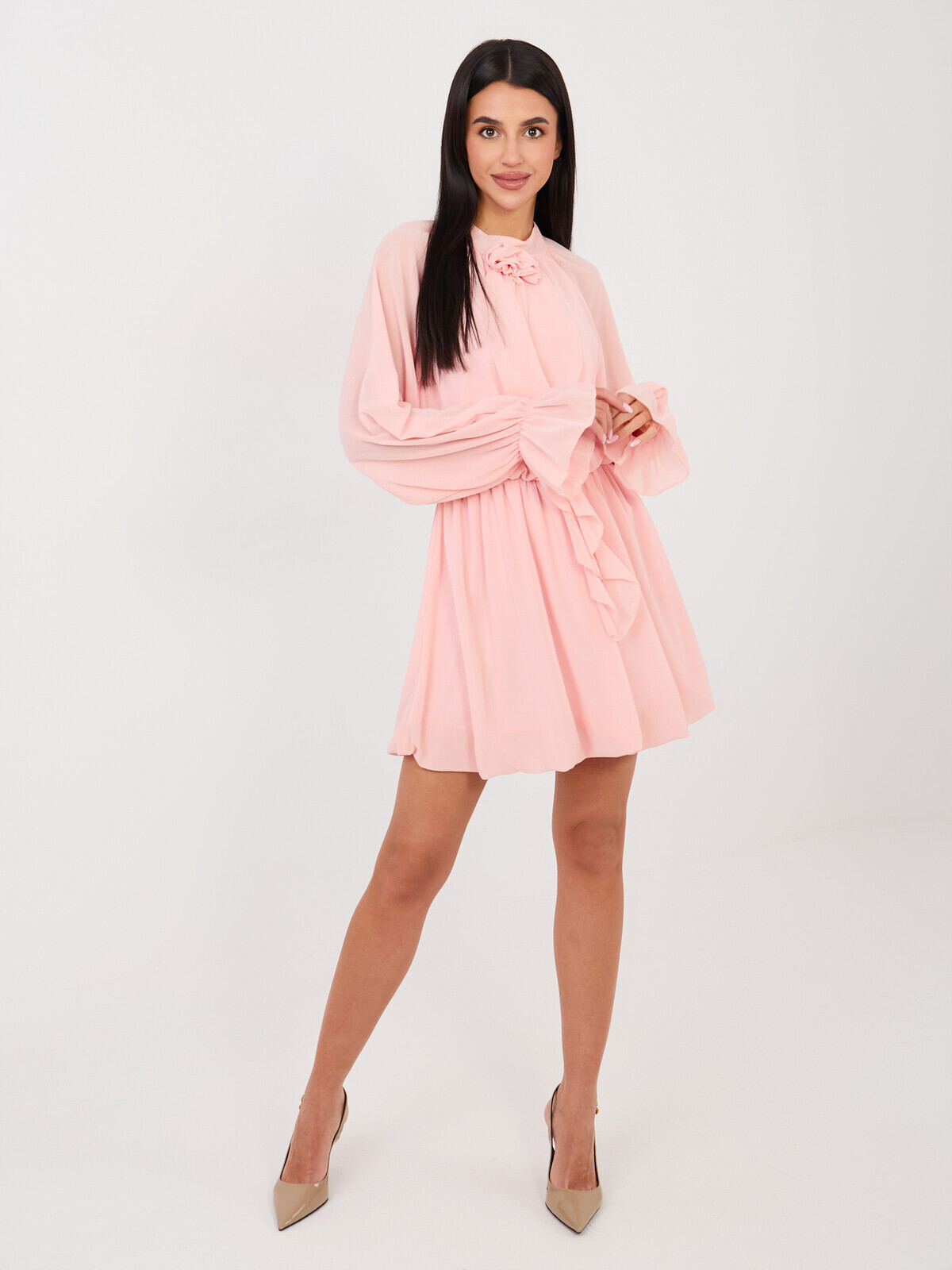 Růžové mini šaty s dlouhými rukávy