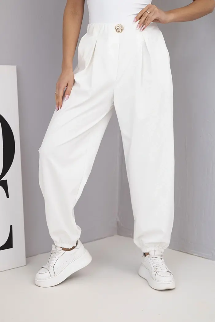 Kesi Włoski Dámské bavlněné kalhoty s vysokým pasem a ozdobným knoflíkem ecru