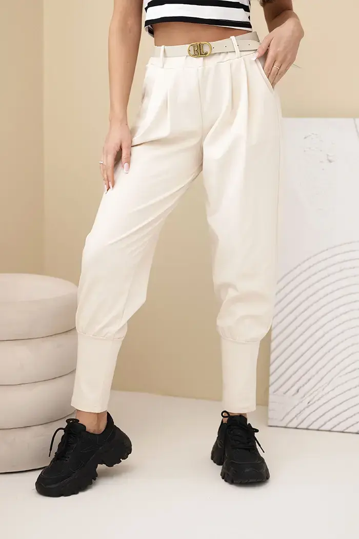 Kesi Włoski Dámské bavlněné kalhoty s vysokým pasem a páskem béžová