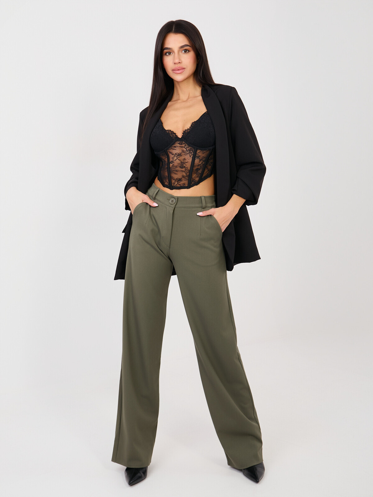 Khaki kalhoty s vysokým pasem