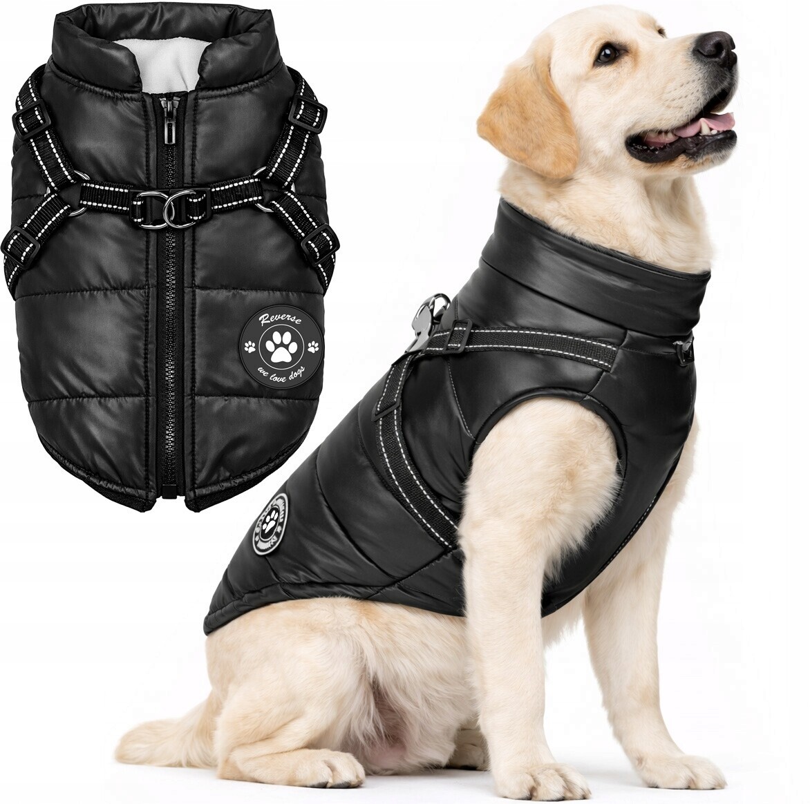 Teplá Bunda Oblečení Pro Psa Zimní Vesta Černá S Ramenními Popruhy 2v1 XXL